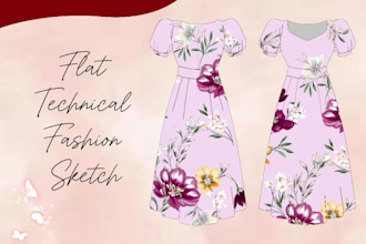 create technical fashion illustration, flat sketches with details