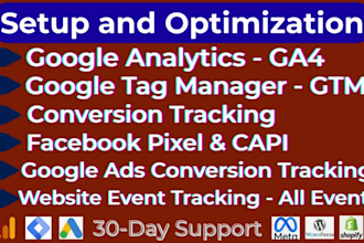 setup or optimize ga4, google ads, fb pixel, ecommerce conversion tracking, GTM