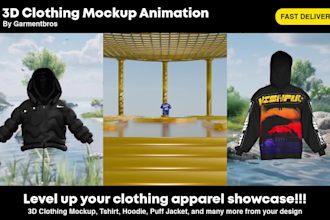 do 3d animated clothing mockup, 360spin tshirt design, hoodie, and any apparels