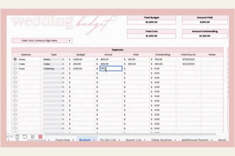 create digital wedding planner google sheet, guest list, budget, checklist
