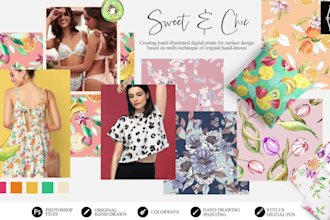 create a textile design based on original drawings with various techniques