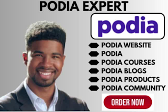 setup and design podia website, blogs, course, products and community on podia
