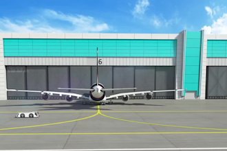 create 3d aircraft hangar warehouse, airplane garage, airport facility design