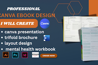 design mental health workbook, canva presentation, trifold brochure