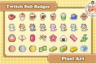 design cute pixel sub badges and bit badges for twitch