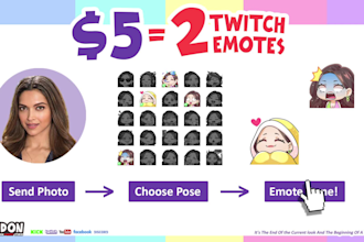 custom stickers or emotes for twitch, kick, discord, facebook