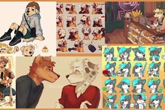 do furry telegram sticker design, discord stickers, art illustration, cover art