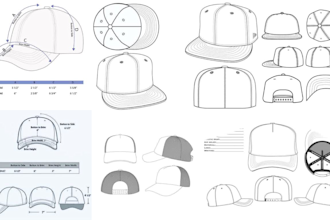 do hat and cap tech pack design, beanie, flat sketch with a mockup design