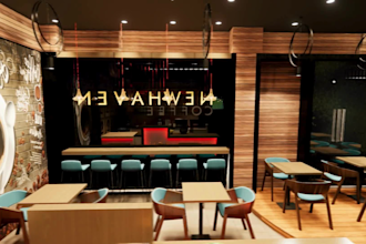 render 3d interior, interior design, cafe, café bar, restaurant