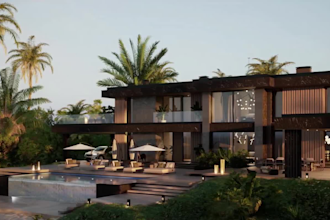 visualize3d beach villa,vacation house facade,outdoor lounge,cgi pool,ue5 render