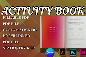 design fillable pdf, activity book, custom stickers, hyperlinked, stationery kd