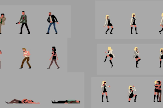 2d character design, sprite sheet, game assets, tilesets or game map, indie game