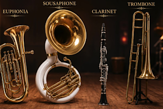 record euphonium, sousaphone, clarinet, trombone, tuba, horn section