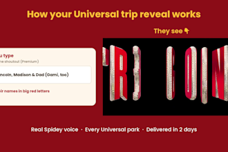 create a personalized universal trip reveal video in a spiderman voice
