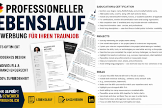 erstele einen professionellen ats optimierten deutschen lebenslauf und bewerbung