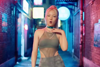 create cyberpunk, synthwave music video, retro 80s, kpop video with neon city