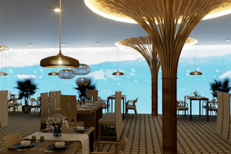 design and cultural restaurant interior and exterior in 3d