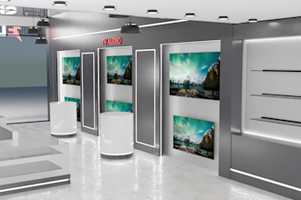 design a 3d exhibition stand or trade show booth with photorealistic renders