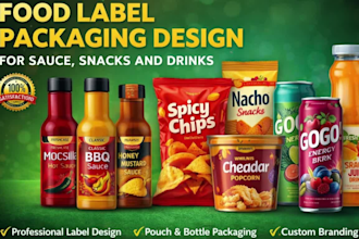create food label packaging design for sauce snacks and drinks