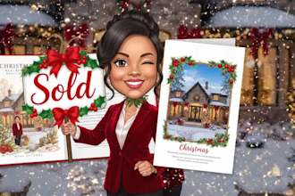 christmas real estate greeting ai videos, book, card draw real estate caricature