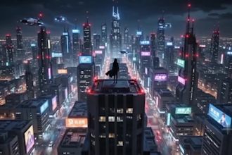 do cinematic cyberpunk music video, futuristic lyric video, synthwave animation