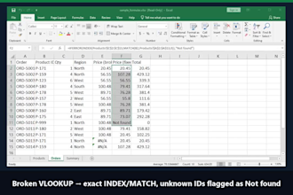 create and fix excel formulas, xlookup, vlookup and pivot tables