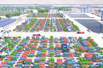 create cinematic 3d logistics warehouse and port terminal animation
