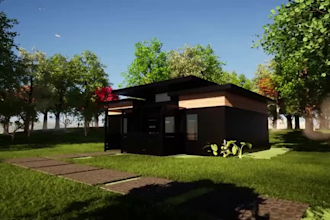 generate biophilic shipping container, modular building design,tiny house render