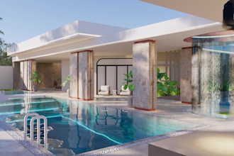 design a luxury modern pool and 3d backyard landscape
