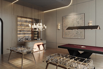 design a modern entertainment room with billiards and foosball