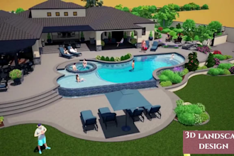 design 3d backyard landscape, pool, patio, pergola and outdoor living space