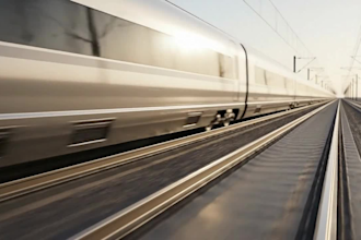 render a realistic 3d railway station with trains and tracks