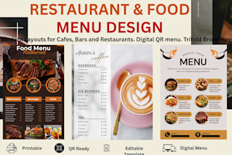 design restaurant menu, food menu design, flyer and digital qr code menu