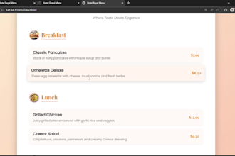 design a modern restaurant or hotel menu using HTML CSS and javascript