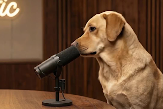 do funny ai dog talk, ai dog interview, ai podcast, ai dog funny storytelling