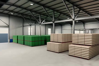 redesign modern 3d warehouse interior, industrial facility model, factory render