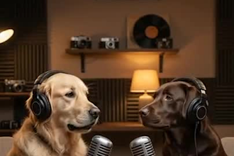 do funny ai dog talk, ai dog interview, ai podcast, ai dog funny storytelling