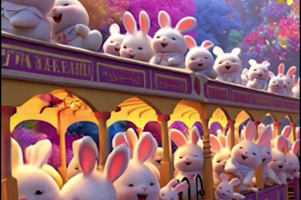 create cute 3d bunny train animation for kids reels