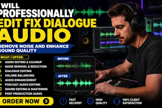 professionally edit fix dialogue audio remove noise and enhance sound quality