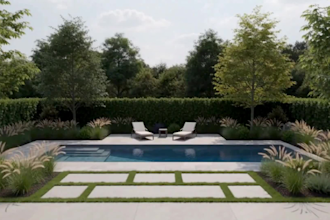 create a detailed garden design plan with planting, pool and patio layout
