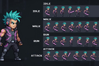 make 2d pixel art sprite sheet game character design animation tileset asset