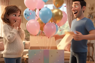 3d pixar style ai animation gender reveal, pregnancy and baby announcement