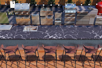 design an outdoor living space with kitchen, BBQ and pergola