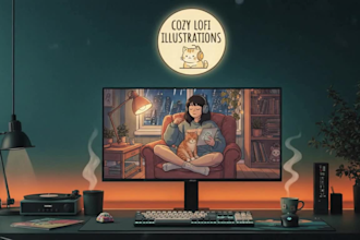 draw cozy lofi character illustration, anime style, 90s aesthetic art, lofi girl