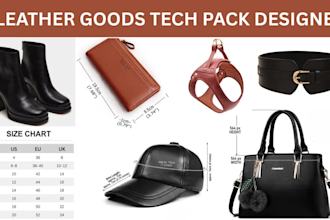 create tech pack for leather jacket leather wears glove and belt tech pack
