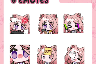 provide 6 cute animated pink cat girl emotes for your stream