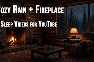 create a cozy rain and fireplace sleep video for youtube