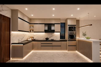 design a modern modular kitchen with 2d and 3d