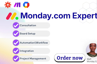 set up monday com, monday CRM, and automate workflows using make com and zapier