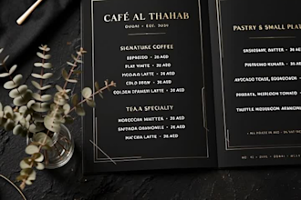 design luxury minimalist menu for dubai cafe and restaurant